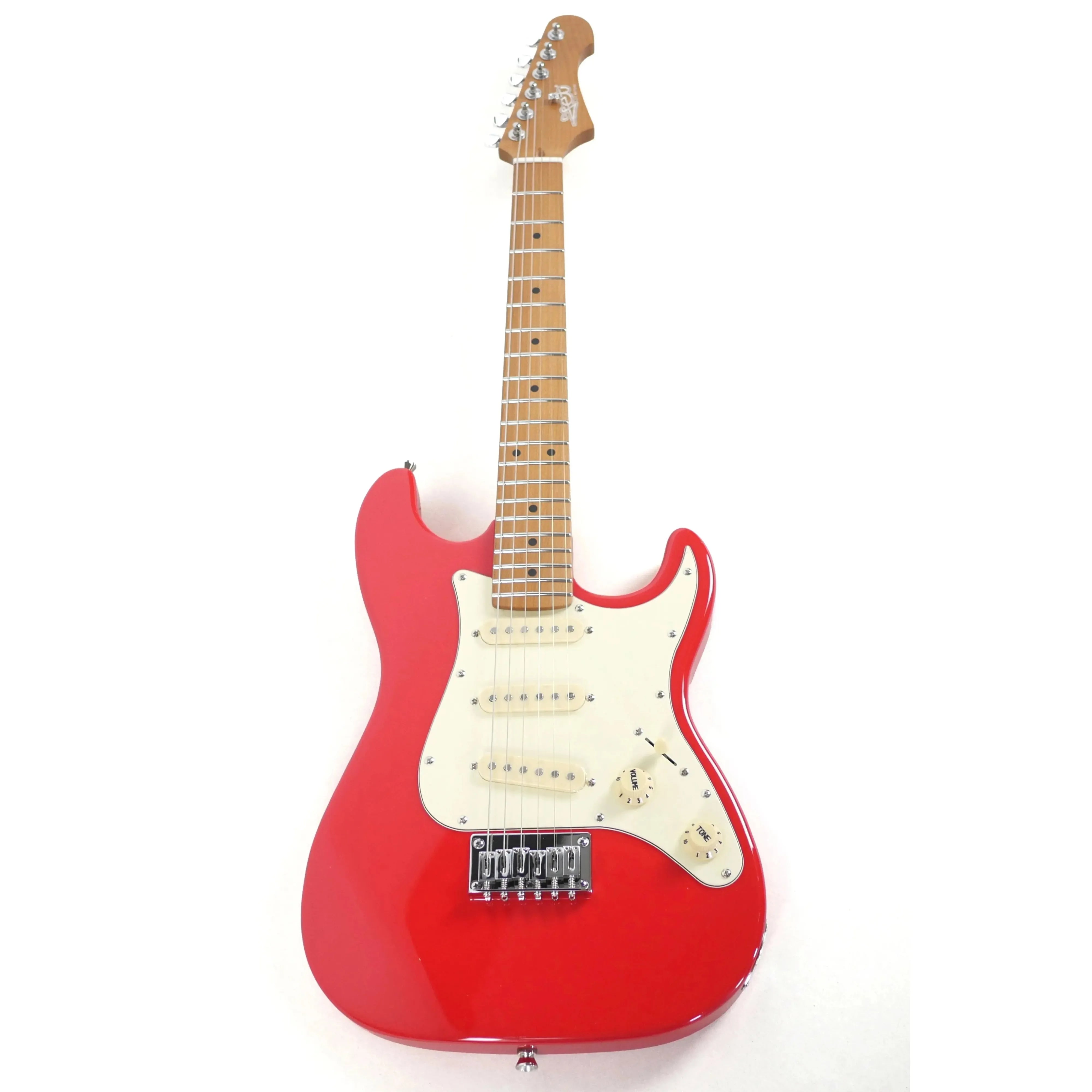 Jet JS-300 MINI RD red Stratocaster electric guitar with white pickguard and maple neck.