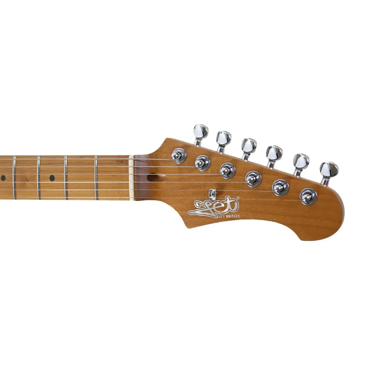 Jet JS-300 MINI RD red Stratocaster electric guitar headstock with chrome tuners and maple neck.