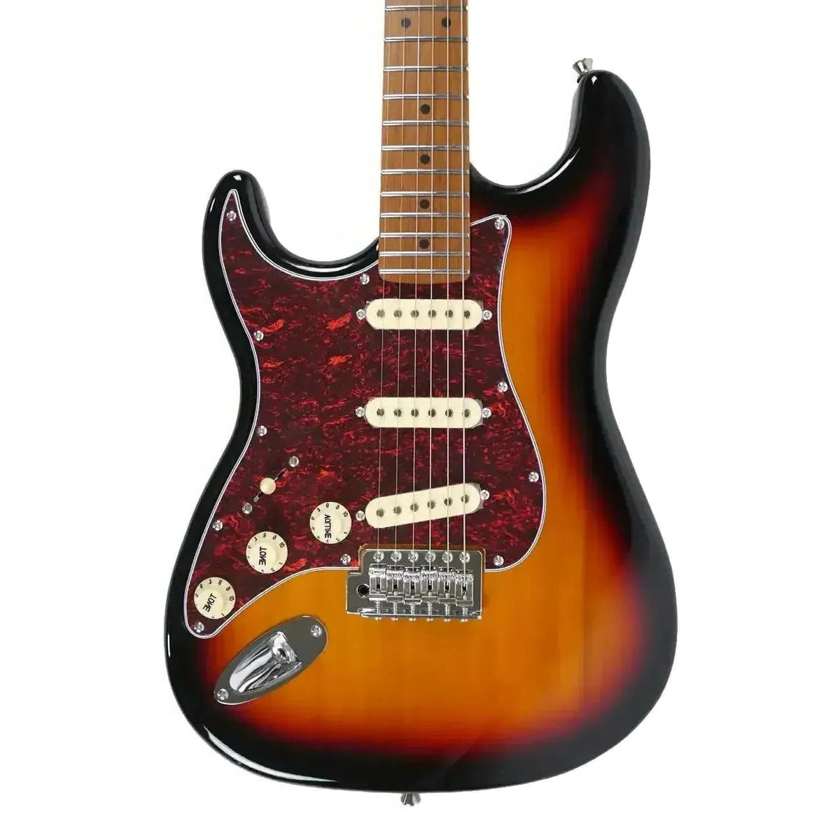 Jet JS-300 SB LH Sunburst left-handed Stratocaster electric guitar with roasted maple fretboard and red tortoise pickguard.