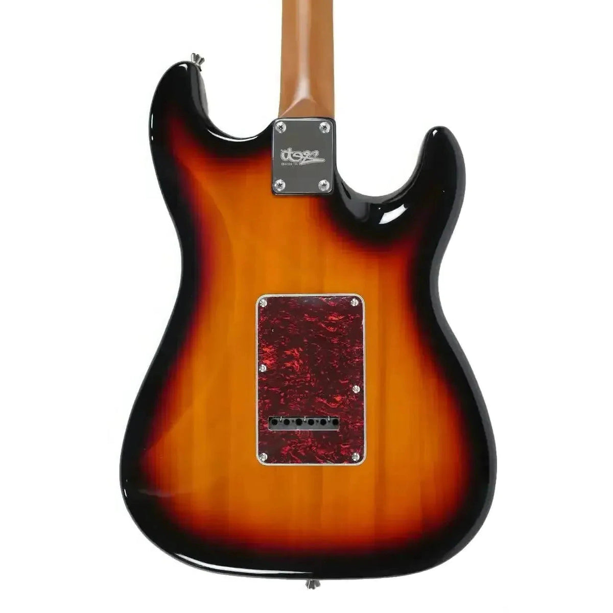 Back of a Jet JS-300 SB LH left-handed Stratocaster electric guitar showing the sunburst body and neck plate.
