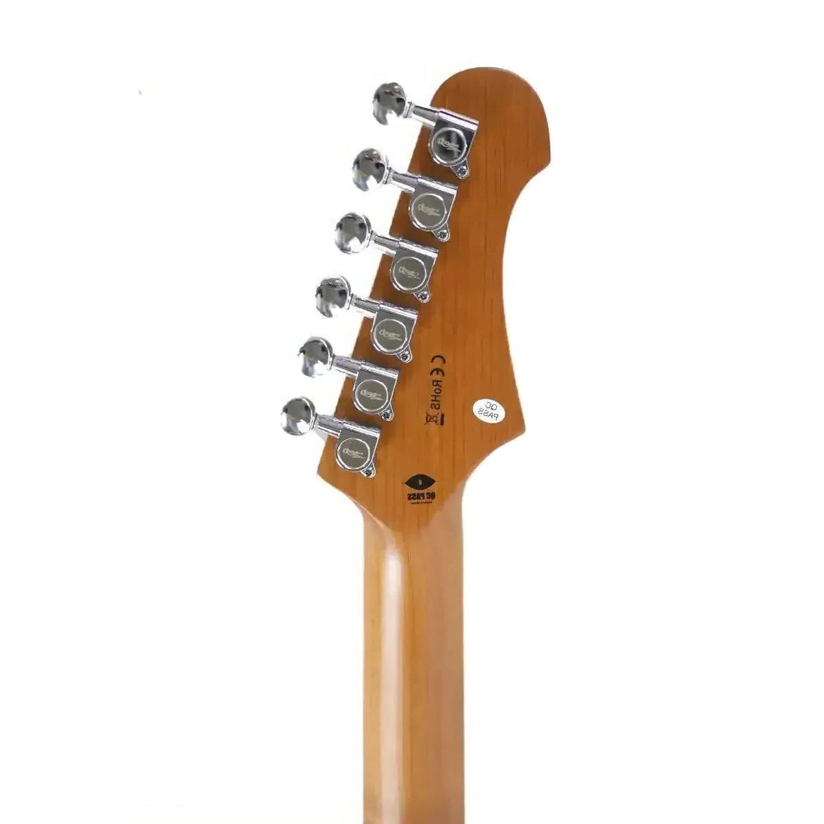Back of a left-handed Jet JS-300 SB LH Stratocaster electric guitar headstock with chrome tuners and a light wood finish.