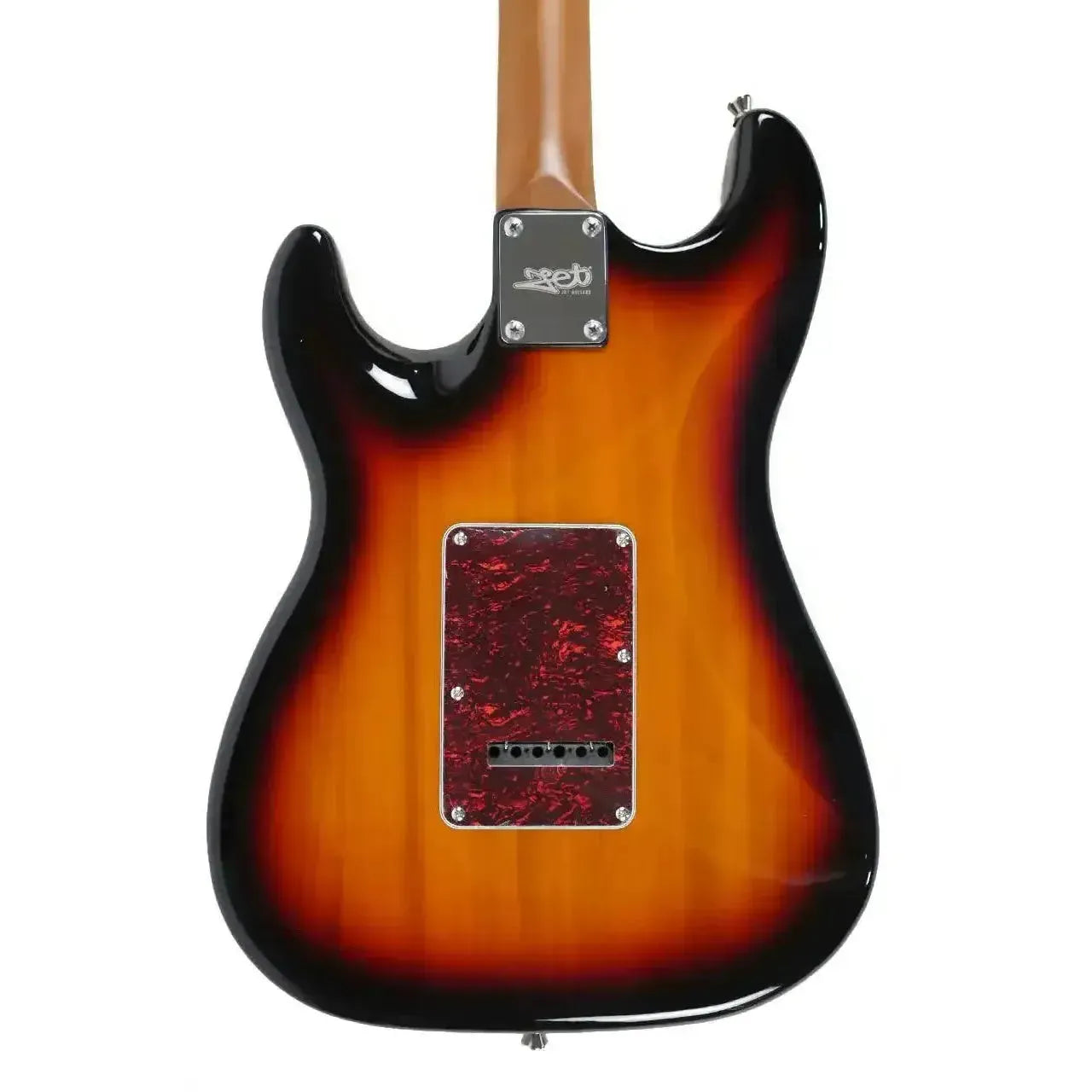 Back of a Jet JS-300-SB Sunburst Stratocaster electric guitar, showing the basswood body and neck plate.
