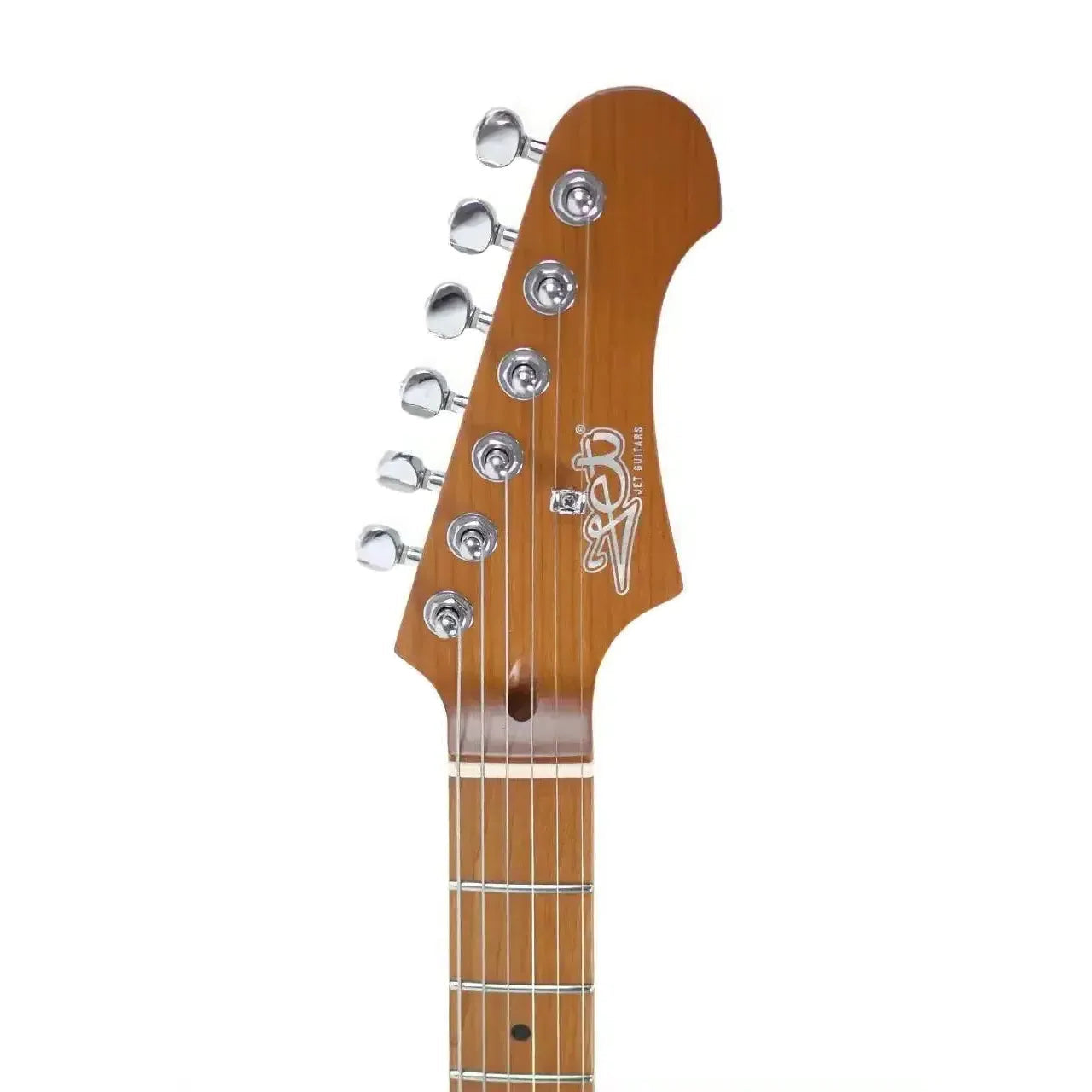 Jet JS-300-SB Stratocaster electric guitar headstock with chrome tuners and roasted maple fretboard.