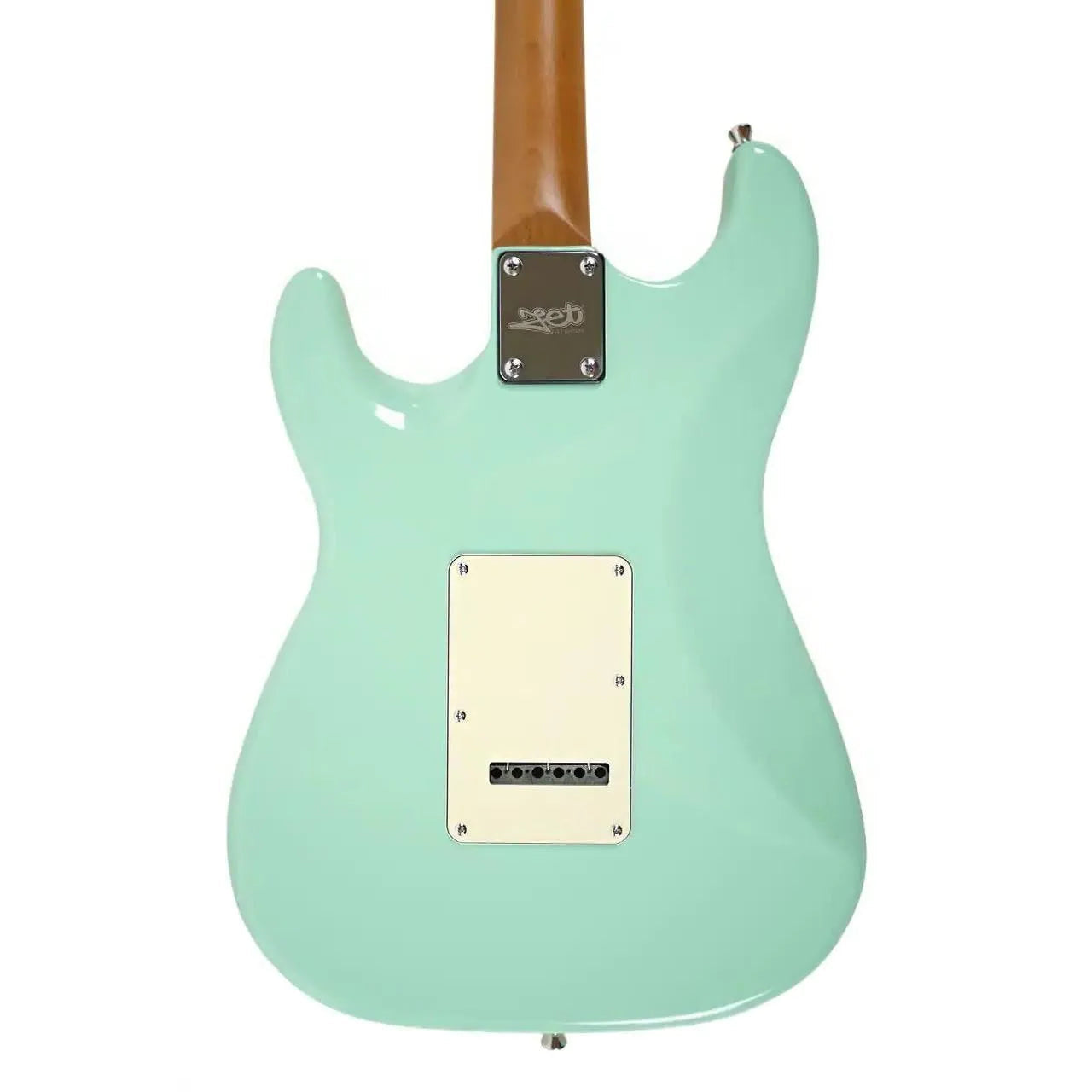 Back of a Jet JS-300 Stratocaster electric guitar in glossy Seafoam Green with a roasted maple neck.