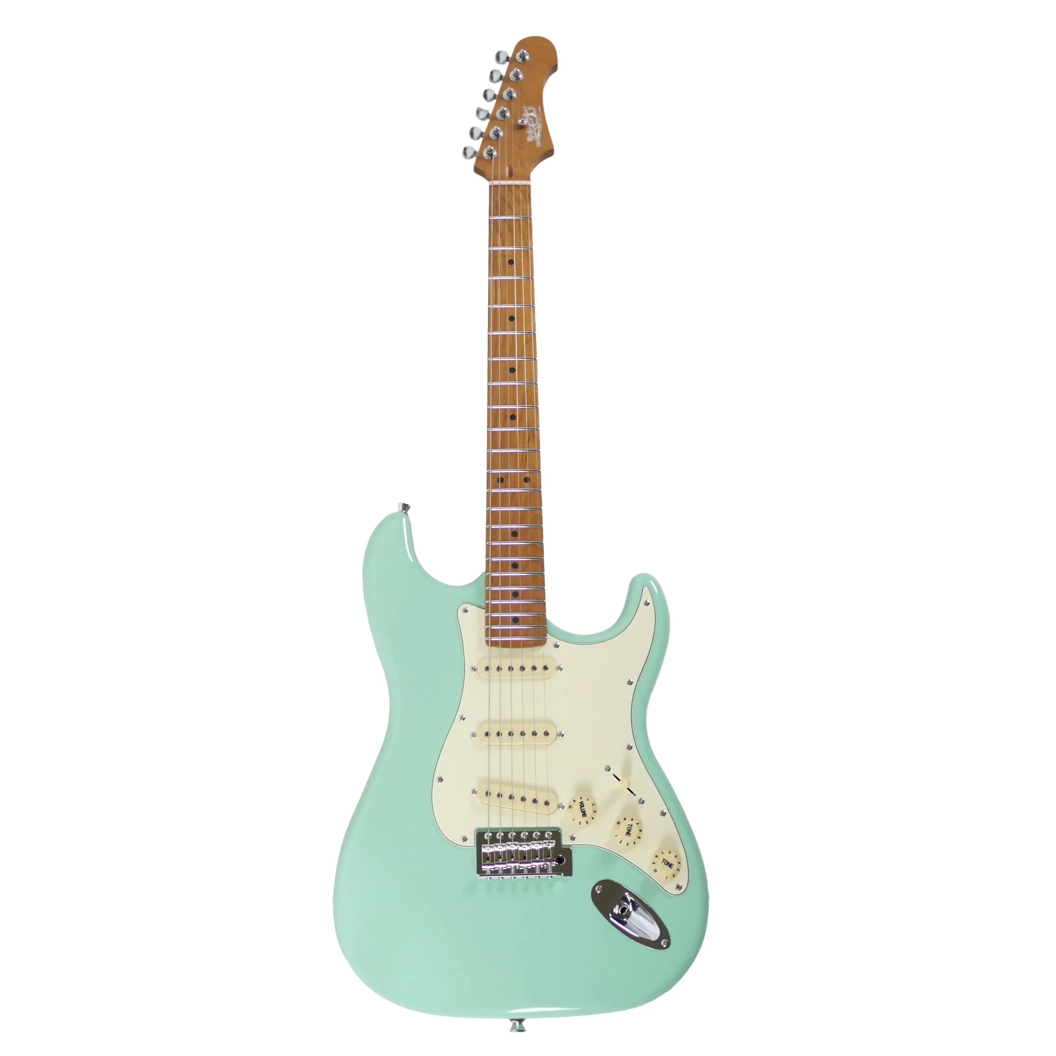 Jet JS-300 Seafoam Green Stratocaster electric guitar with roasted maple neck and white pickguard.