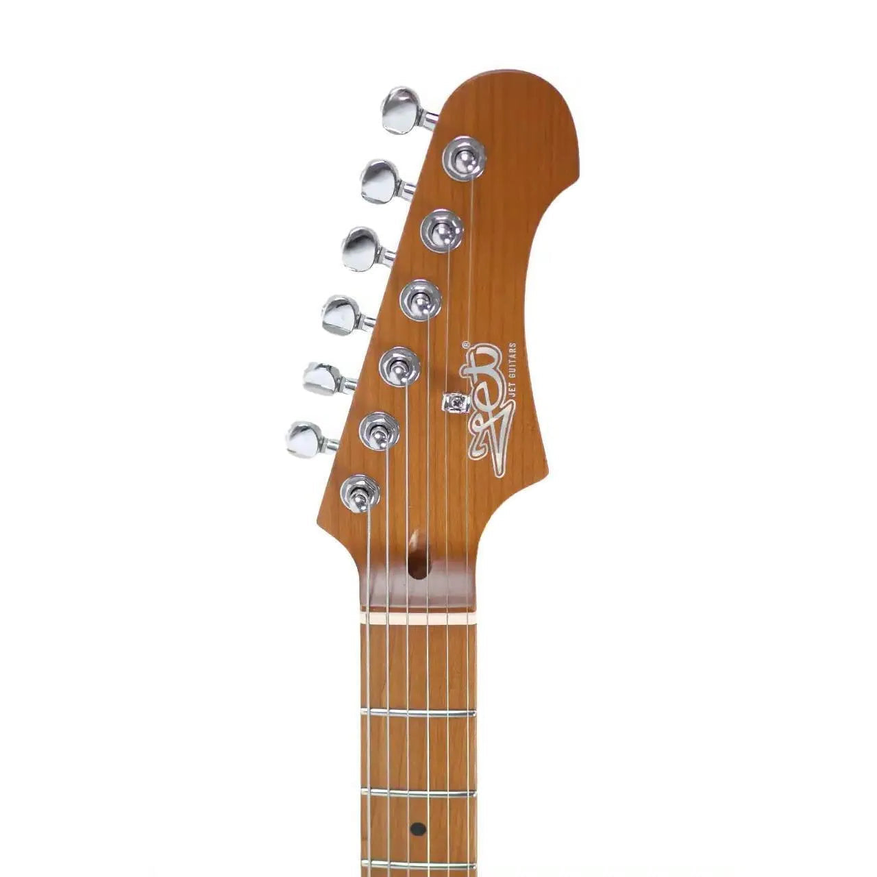 Jet JS-300 Stratocaster electric guitar headstock with chrome tuners and roasted maple neck.