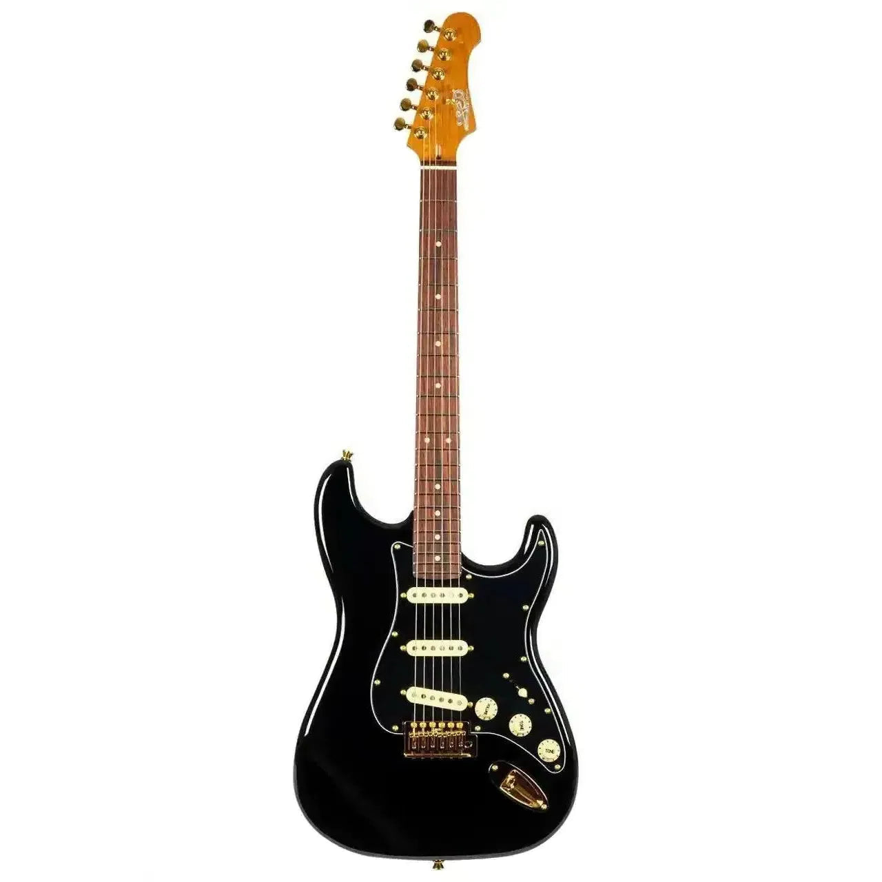 Jet JS-380 BK G black Stratocaster electric guitar with gold hardware and white pickups.