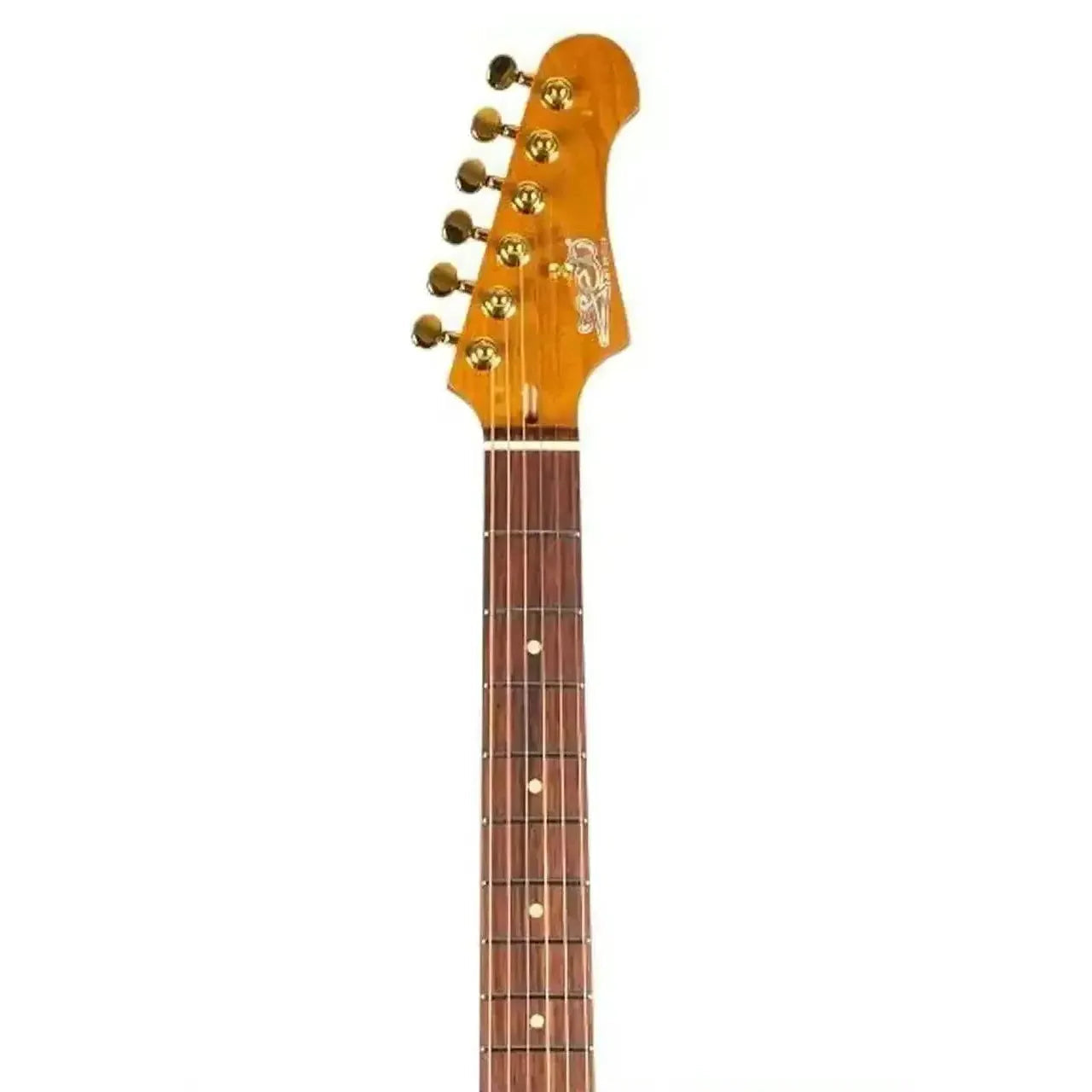 Jet JS-380 Stratocaster electric guitar headstock with gold tuners, roasted maple neck, and rosewood fretboard.