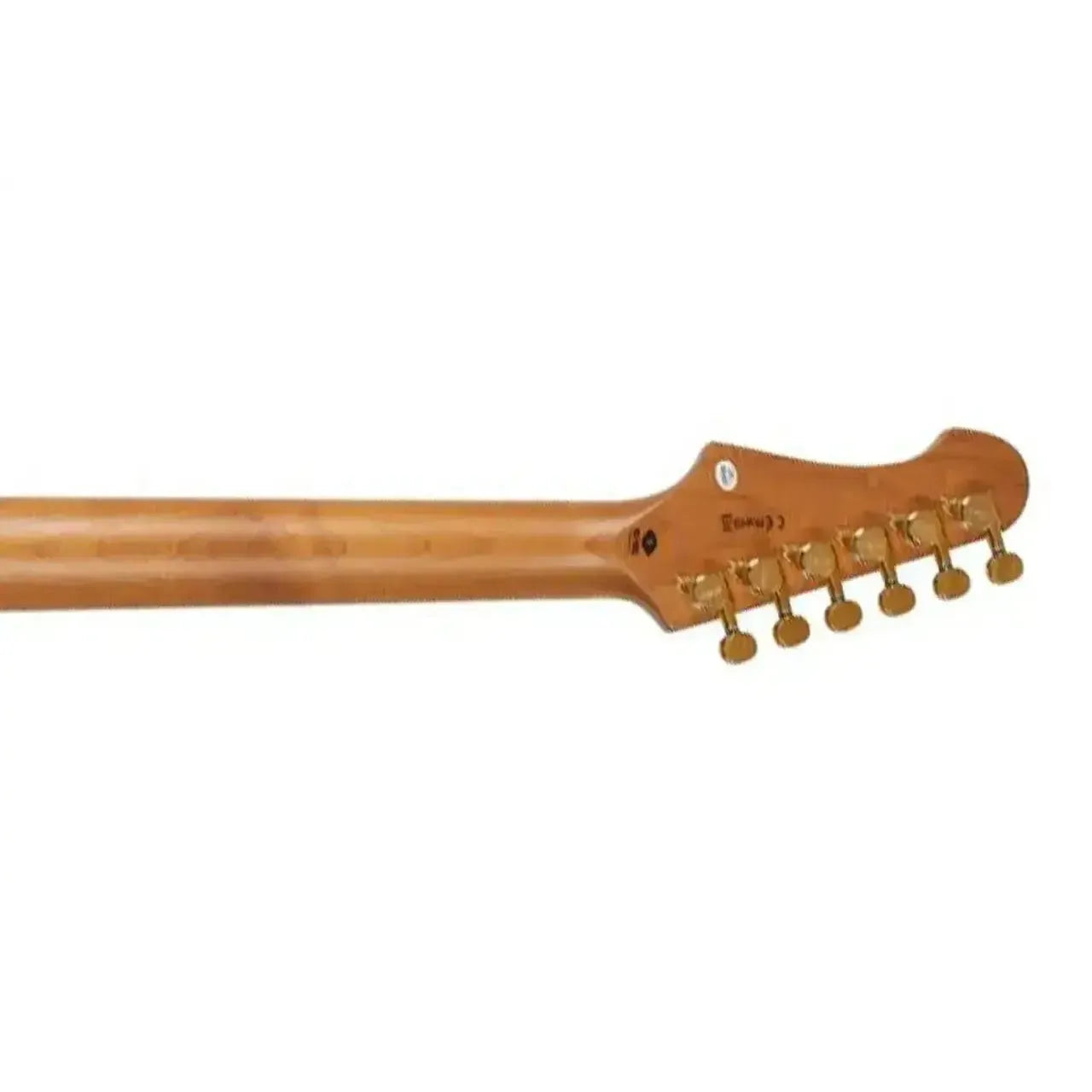 Jet JS-380 electric guitar's roasted maple neck and headstock with gold tuners.