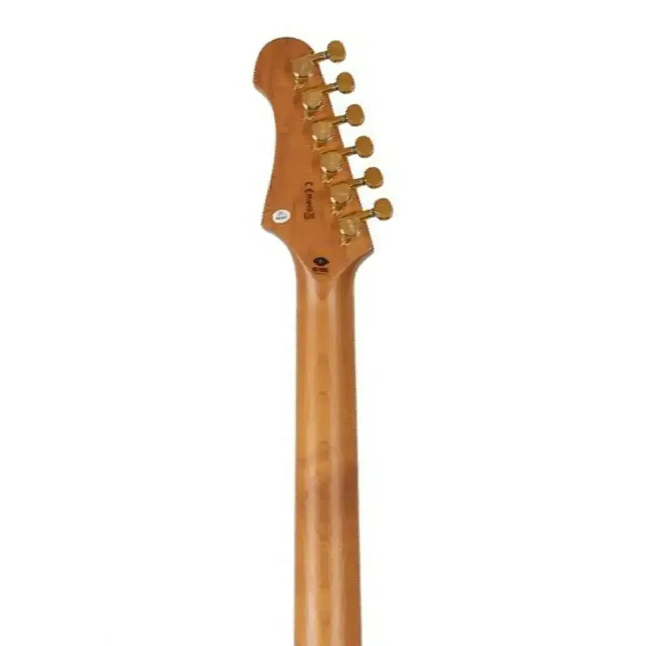 Jet JS-380 electric guitar's roasted maple neck and headstock with gold tuners.
