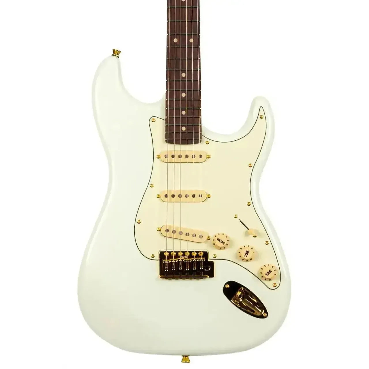 Jet JS-380 OW G white Stratocaster electric guitar with gold hardware and cream pickguard.