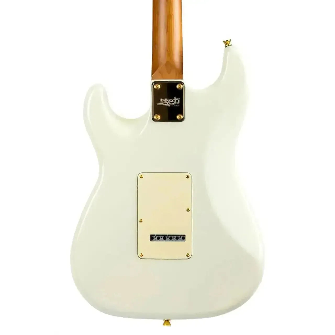Back of a white Jet JS-380 Stratocaster electric guitar with a roasted maple neck and gold hardware.