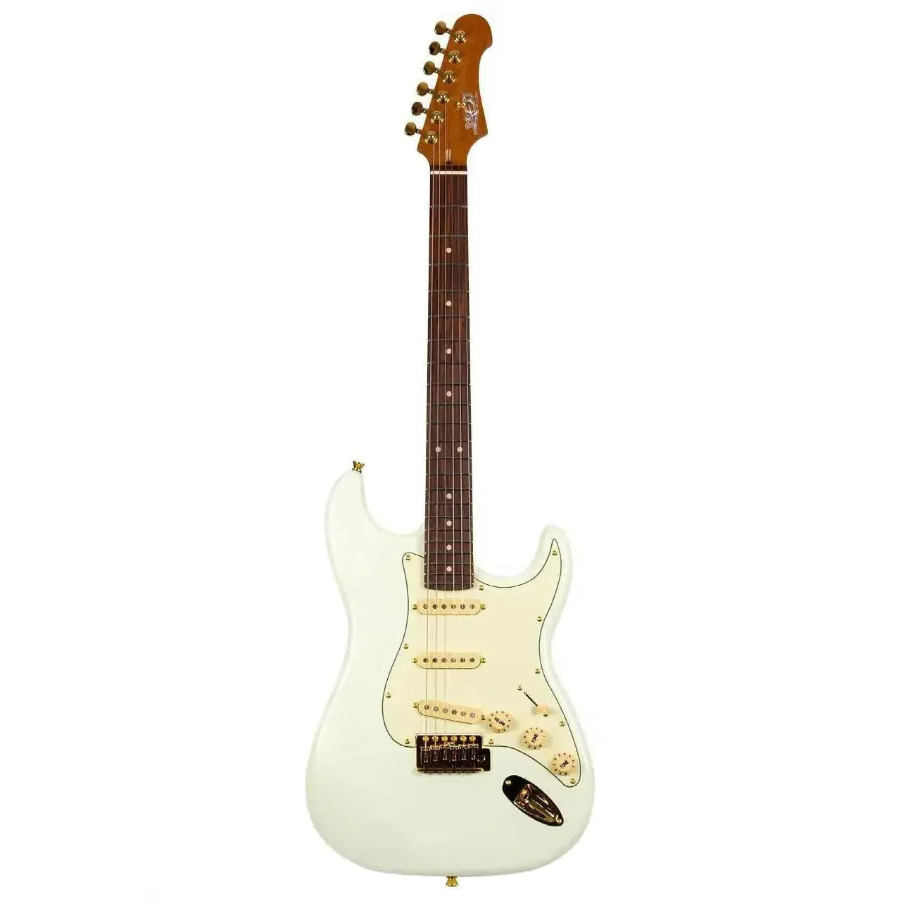 Jet JS-380 OW G White Stratocaster electric guitar with gold hardware and roasted maple neck.