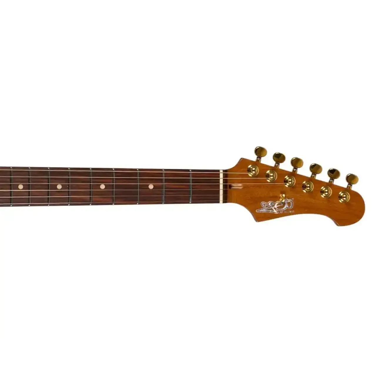 Jet JS-380 OW G Stratocaster electric guitar headstock with gold locking tuners and roasted maple neck.