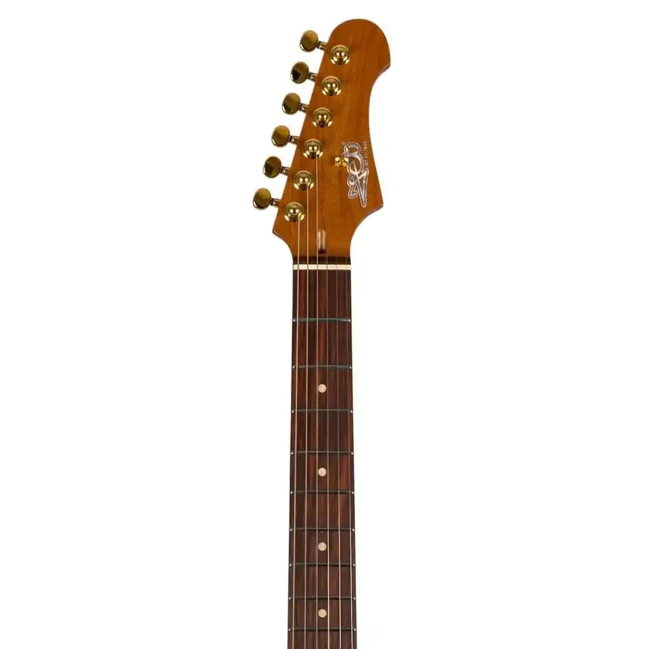 Jet JS-380 OW G Stratocaster electric guitar headstock with gold locking tuners and roasted maple neck.