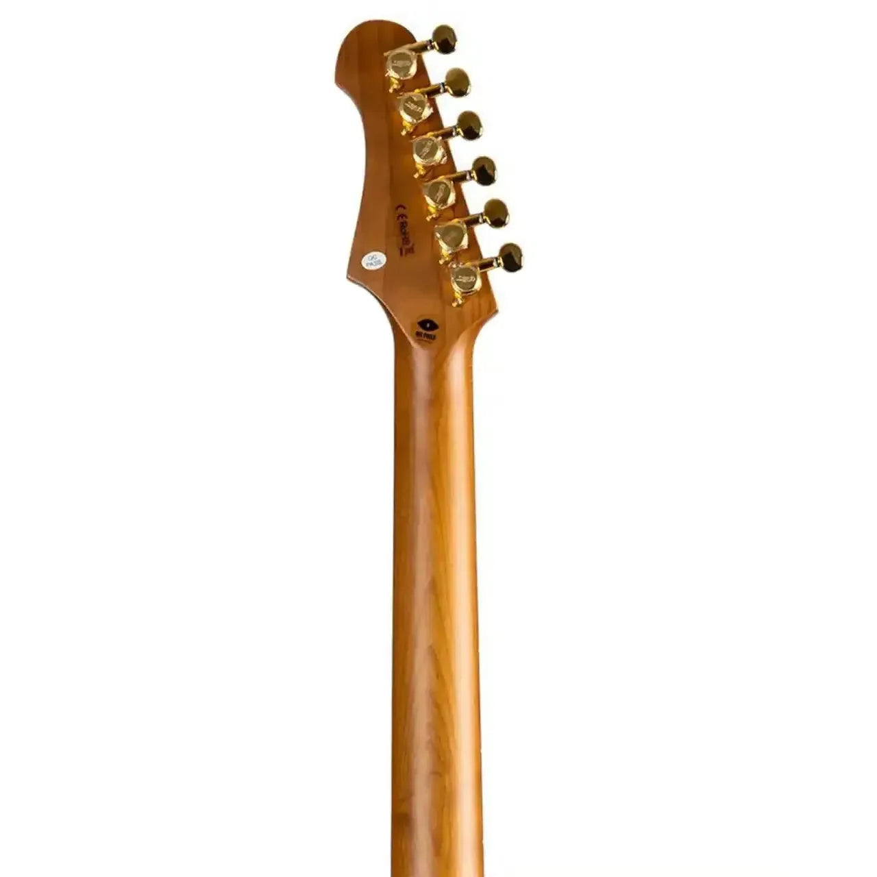 Jet JS-380 OW G Stratocaster electric guitar's roasted maple neck and headstock with gold locking tuners.