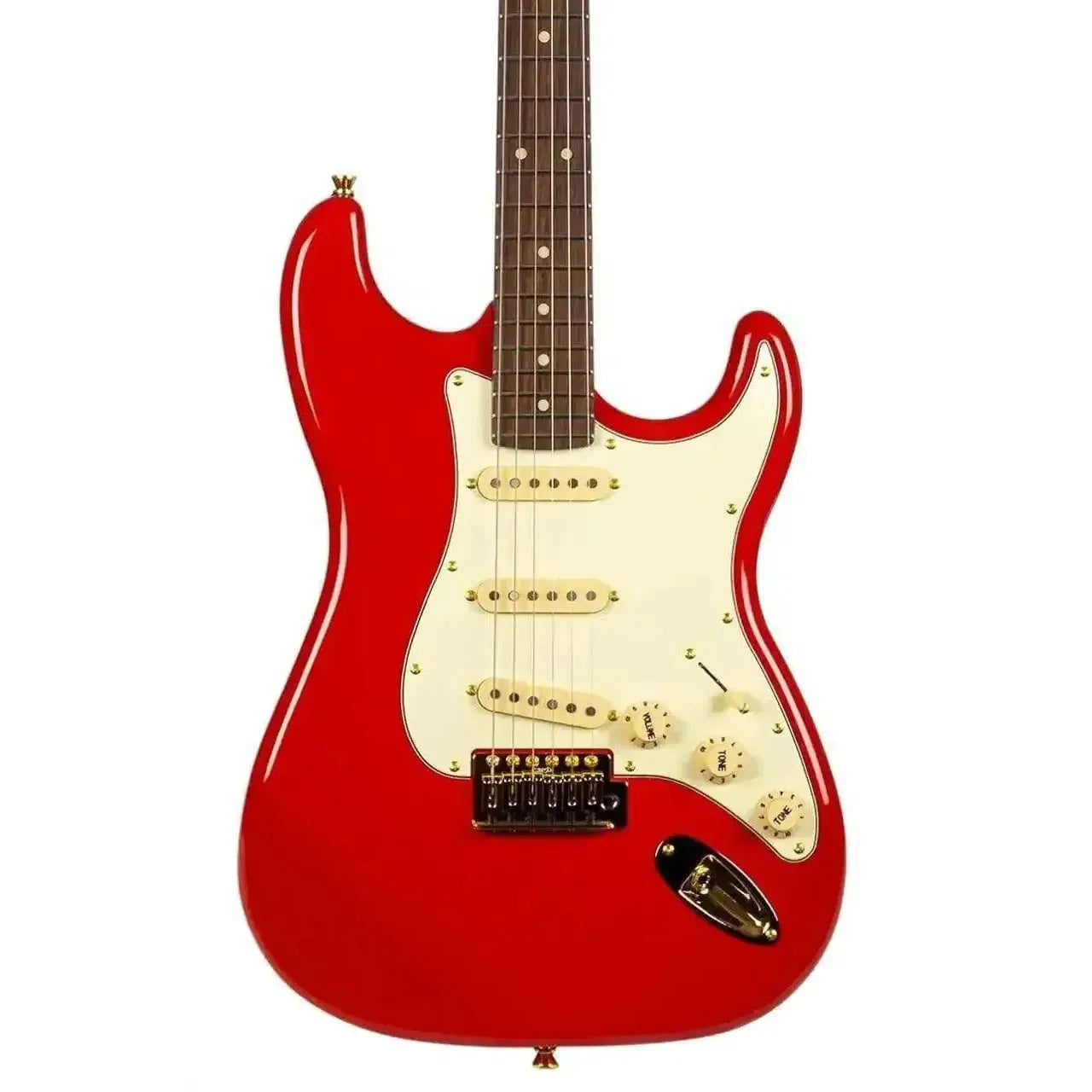 Jet JS-380 RD G Red Stratocaster electric guitar with a gloss finish, white pickguard, and gold hardware.