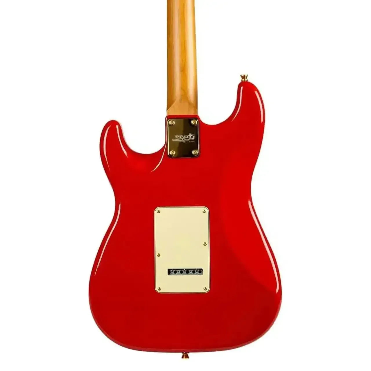 Back of a glossy red Jet JS-380 Stratocaster electric guitar with a light wood neck and gold hardware.