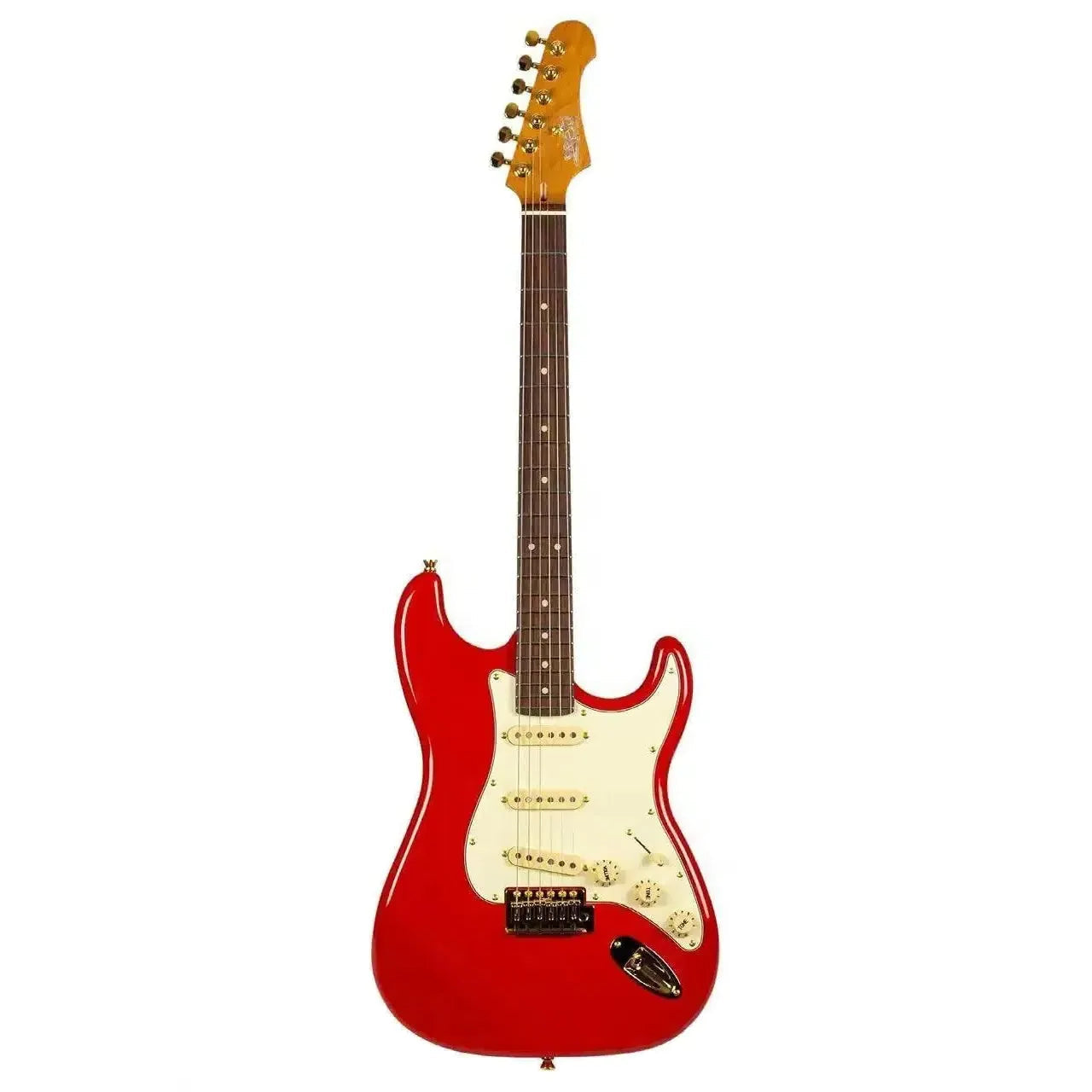Jet JS-380 RD G Red Stratocaster electric guitar with a gloss finish, white pickguard, and gold hardware.