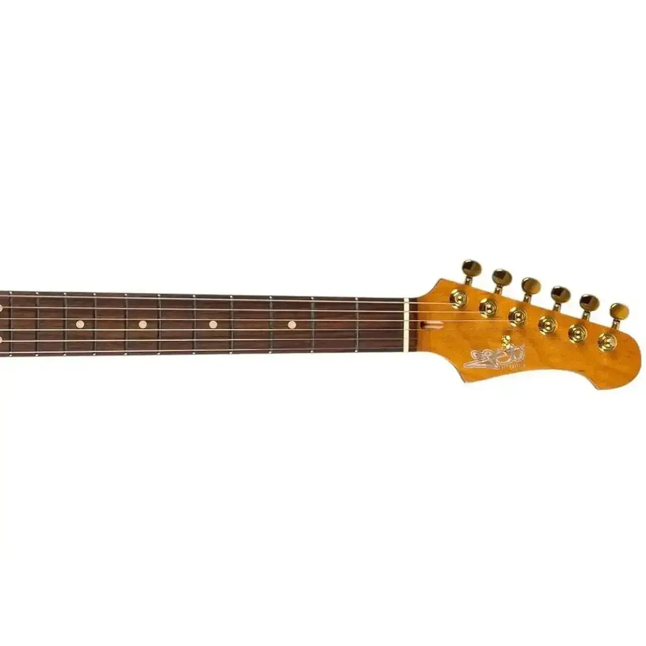 Jet JS-380 RD G Stratocaster electric guitar headstock with gold locking tuners and roasted maple neck.