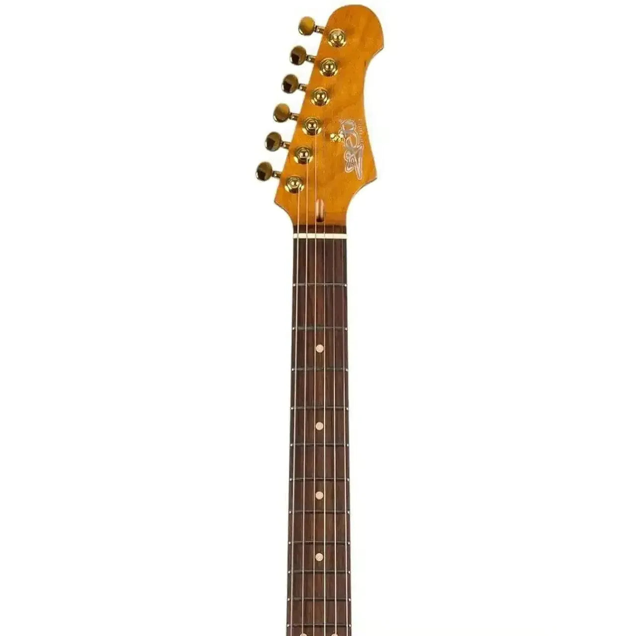 Jet JS-380 RD G Stratocaster electric guitar headstock with gold locking tuners and roasted maple neck.