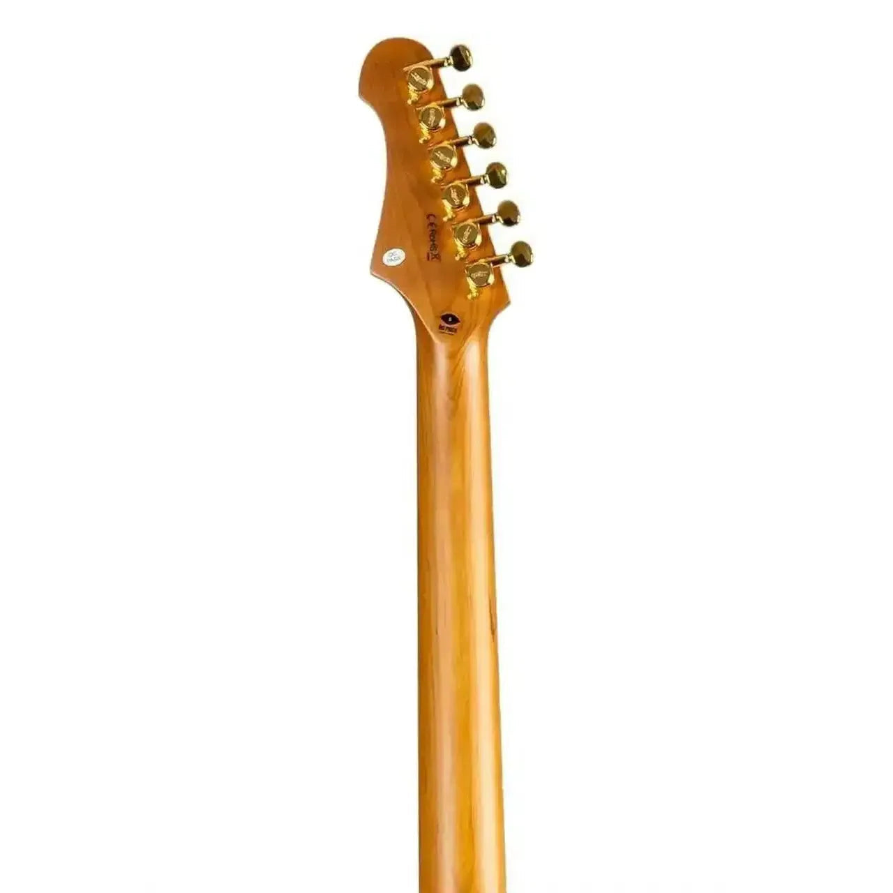 Jet JS-380 RD G electric guitar's roasted maple neck and headstock with gold locking tuners.