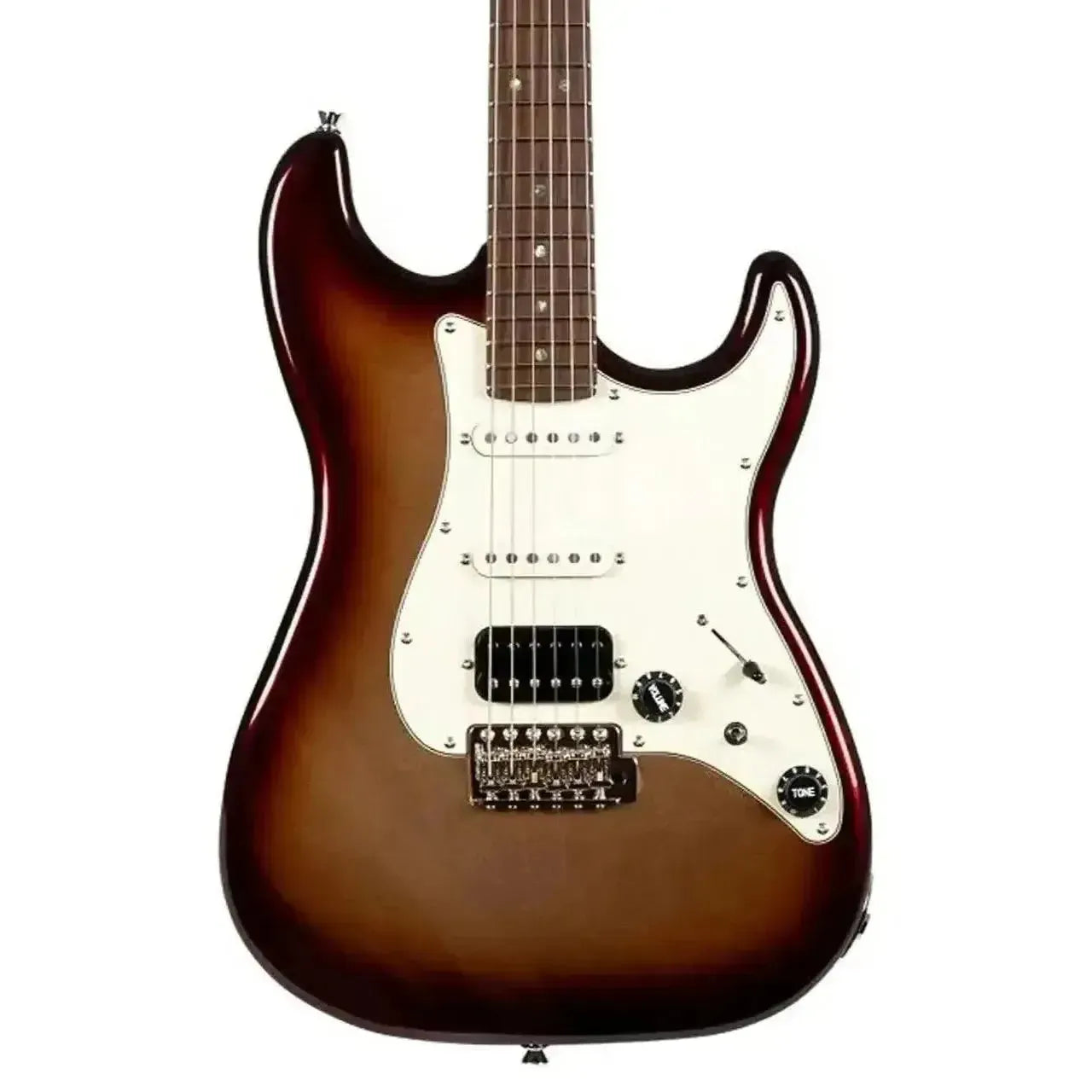 Jet JS-40 Metallic Burst Stratocaster electric guitar with a brown-red burst finish and white pickguard.