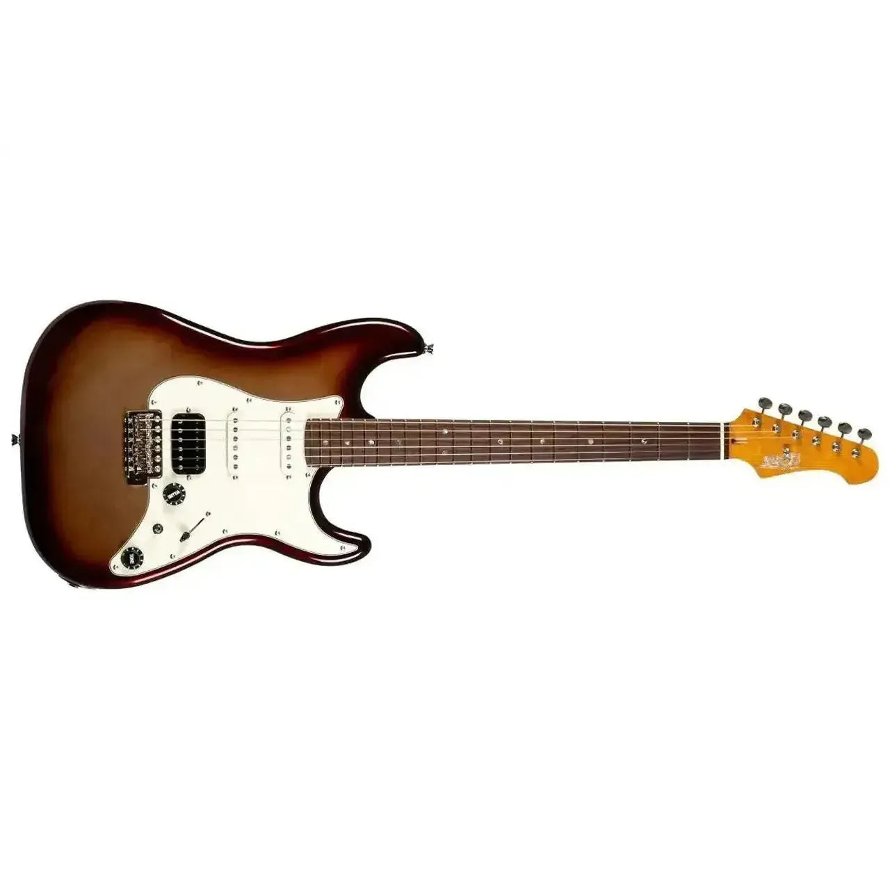 Jet JS-40 Metallic Burst Stratocaster electric guitar with brown body, white pickguard, and rosewood fretboard.