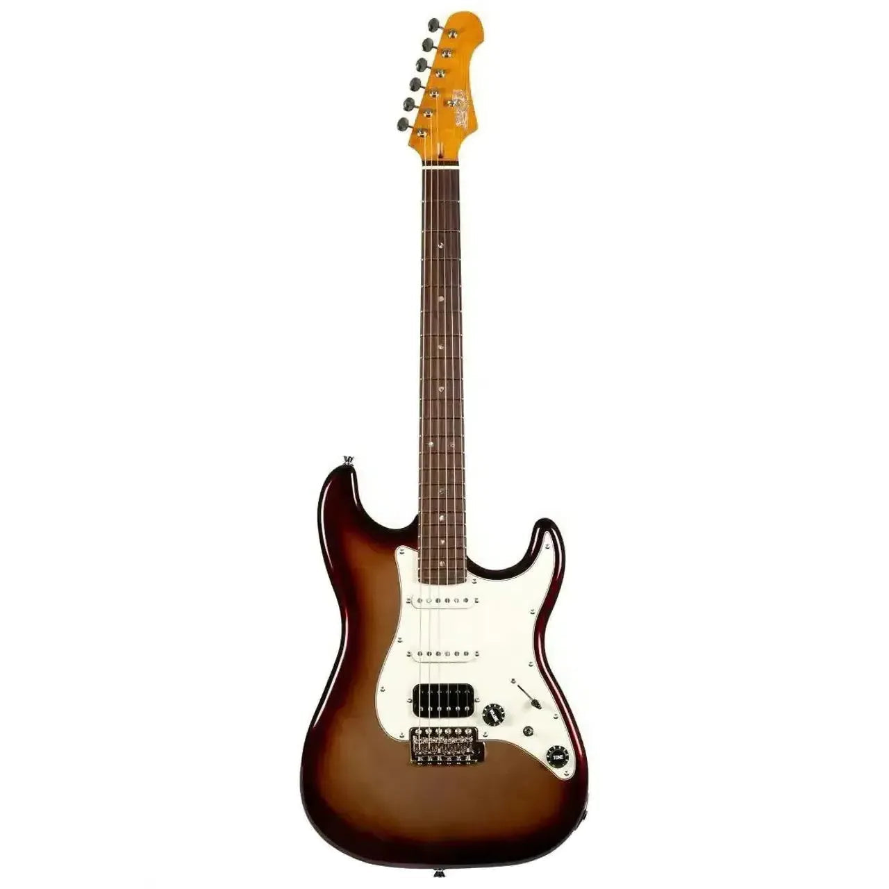Jet JS-40 Metallic Burst Stratocaster electric guitar with brown body, white pickguard, and rosewood fretboard.