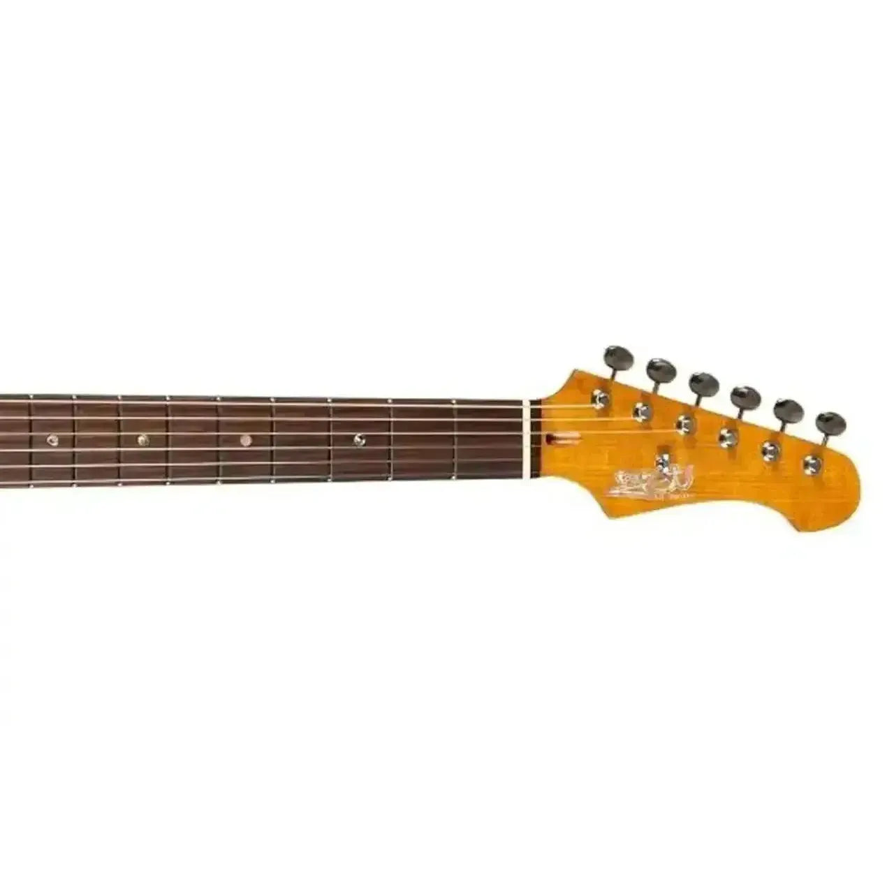 Jet JS-40 Stratocaster electric guitar headstock and fretboard with light roast maple and rosewood.