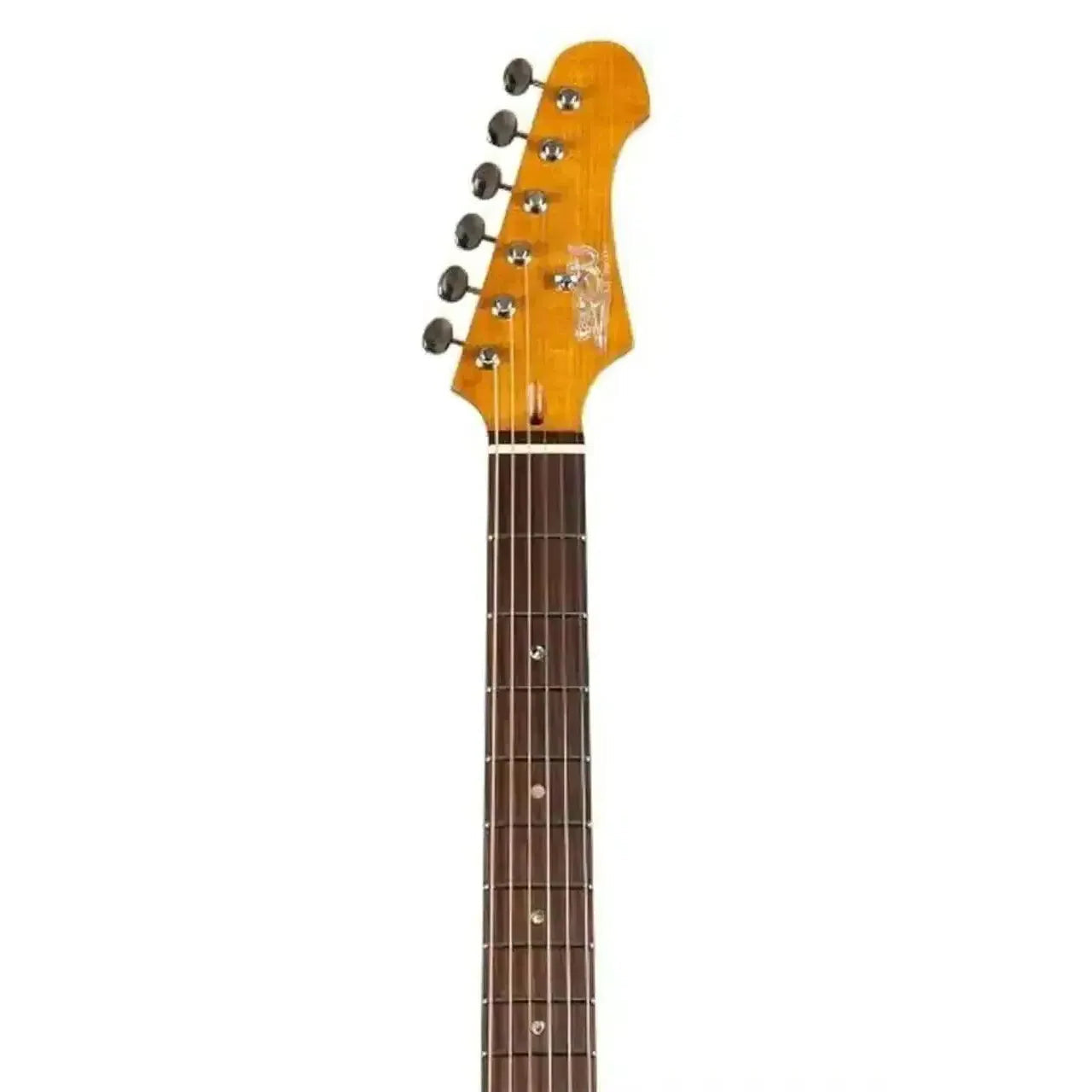 Jet JS-40 Stratocaster electric guitar headstock and fretboard with light roast maple and rosewood.