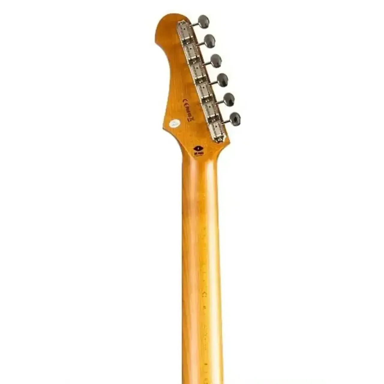 Jet JS-40 Stratocaster electric guitar's light roast maple neck and headstock with tuners.