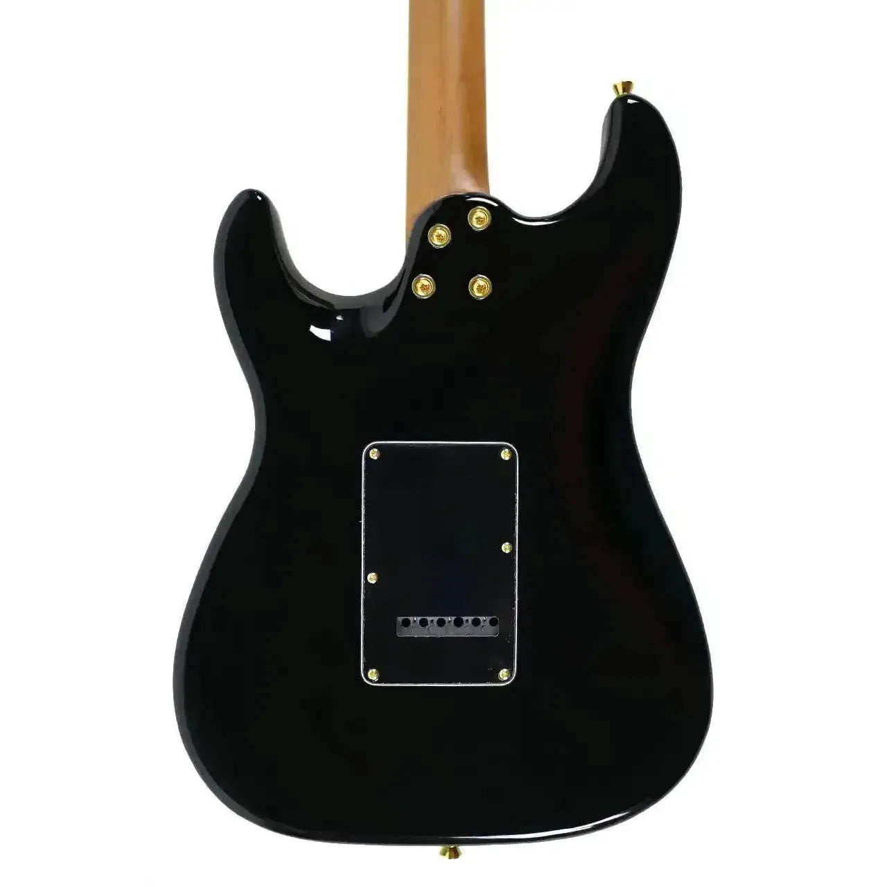 Back of a glossy black Jet JS-400 solid body electric guitar with a natural wood neck and gold hardware.