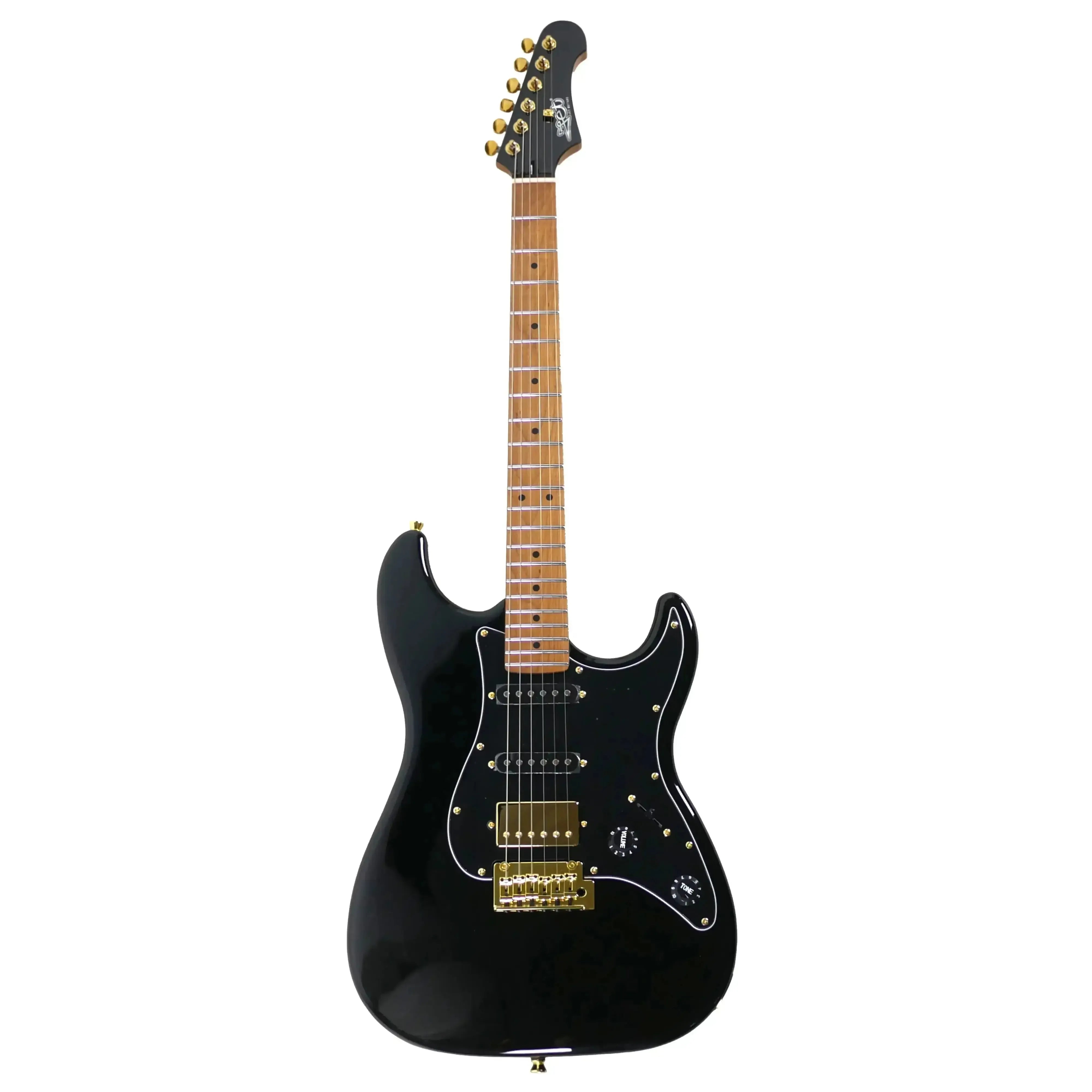 Jet JS-400 BK G black solid body Stratocaster electric guitar with roasted maple neck and gold hardware.