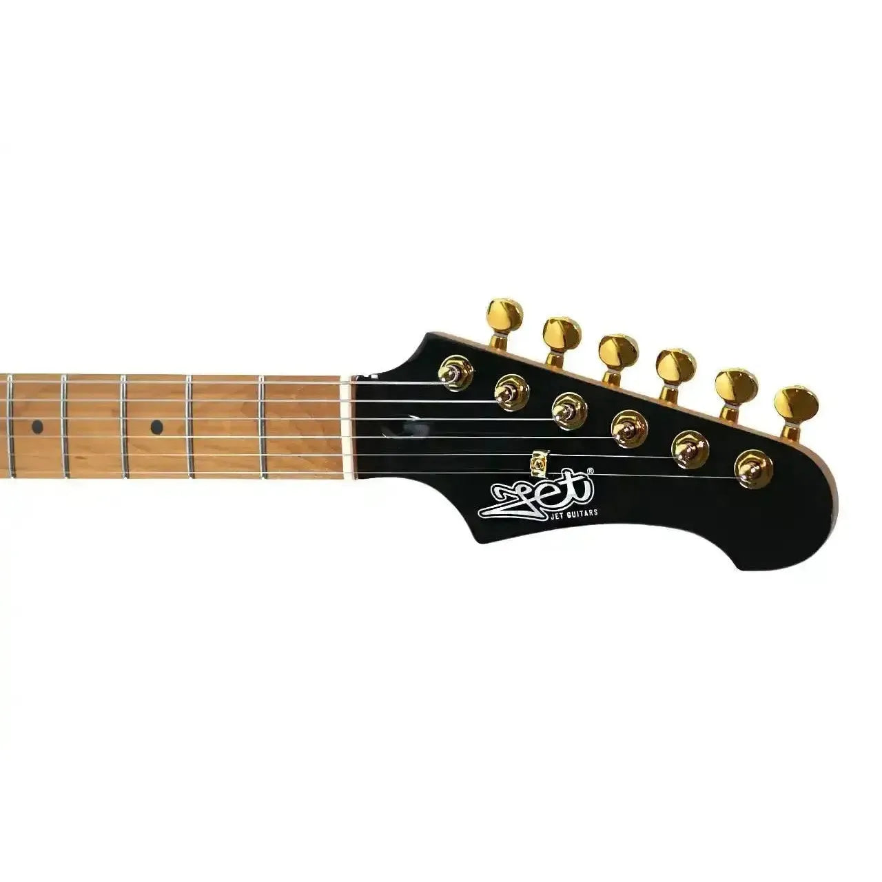 Jet JS-400 BK G electric guitar headstock with black finish, gold tuning pegs, and roasted maple neck.
