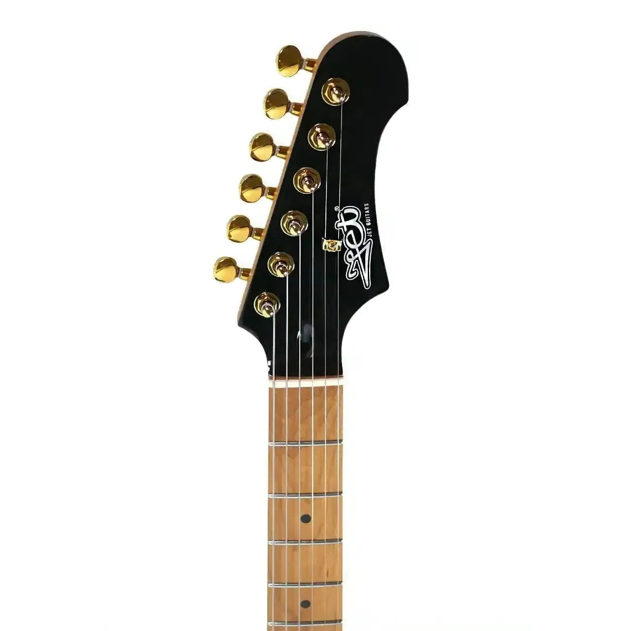 Jet JS-400 BK G electric guitar headstock with black finish, gold tuning pegs, and roasted maple neck.