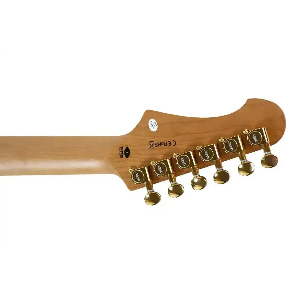 Jet JS-400 BK G electric guitar headstock with roasted maple neck and six gold tuners.