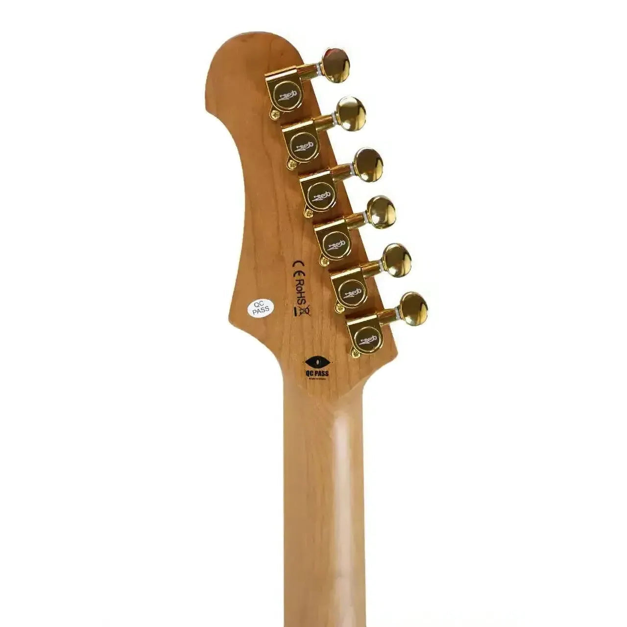 Jet JS-400 BK G electric guitar headstock with roasted maple neck and six gold tuners.