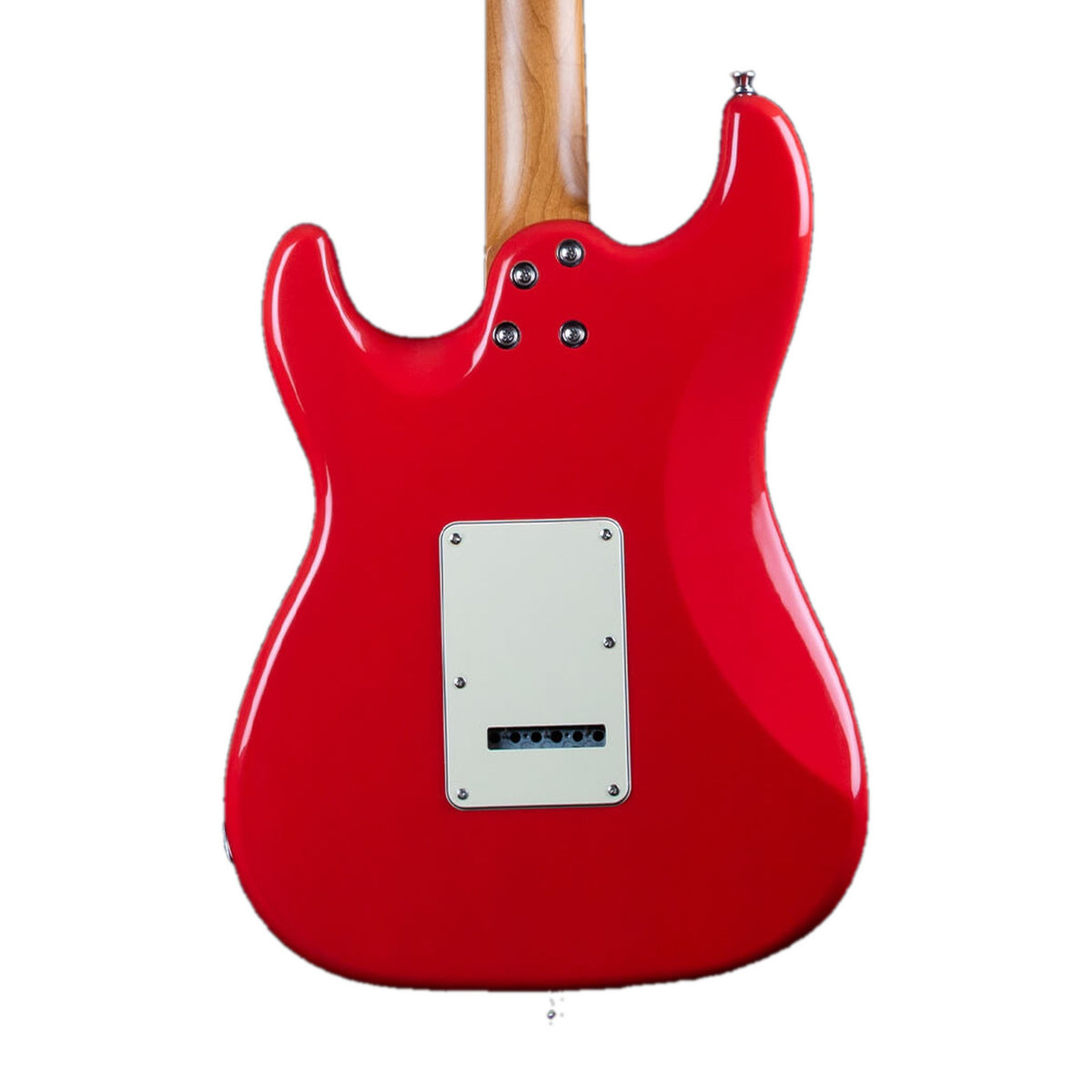Back of a Jet JS-400 CRD coral red electric guitar with a white tremolo cover plate and roasted maple neck.