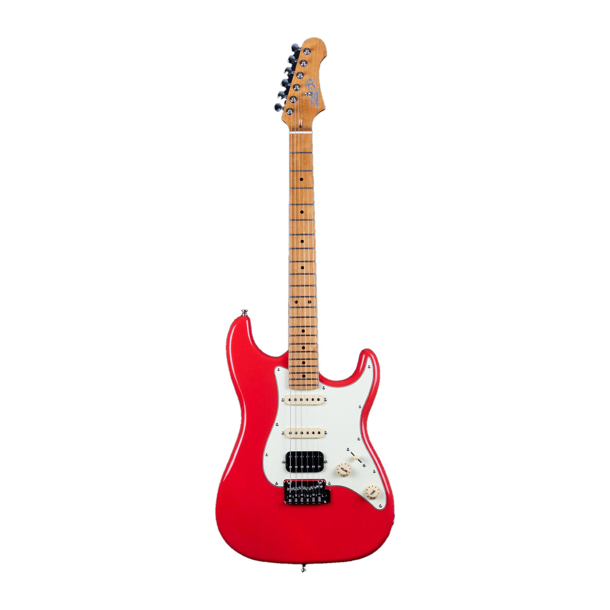 Full front view of a Jet JS-400 CRD coral red electric guitar with a roasted maple neck and six chrome tuners.