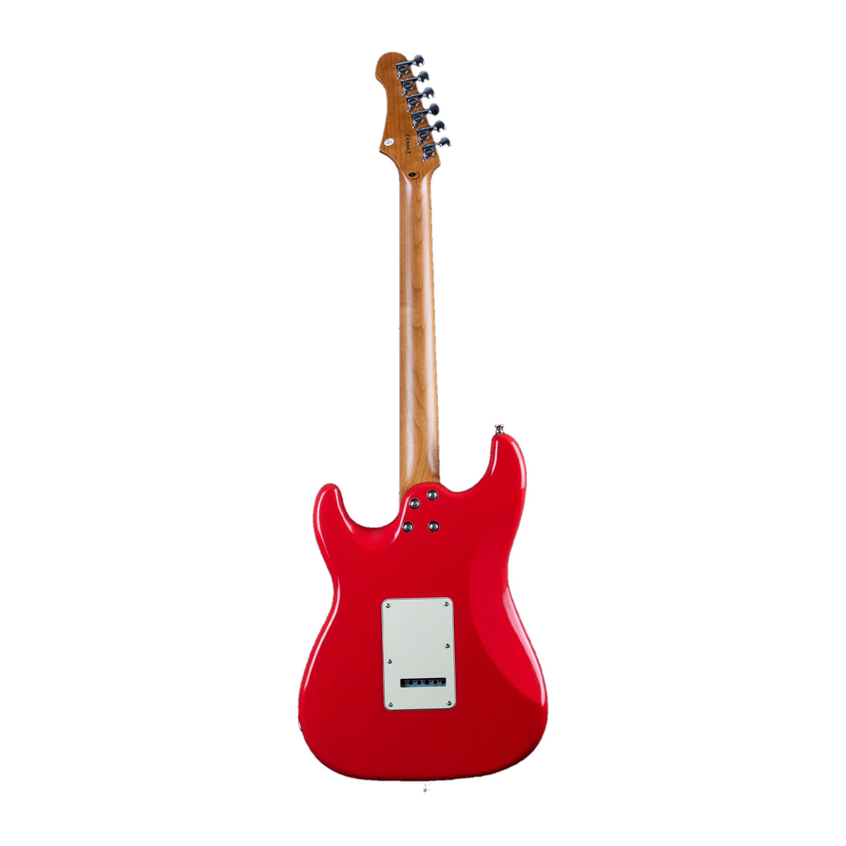 Full back view of a Jet JS-400 CRD coral red electric guitar showing the roasted maple neck and back plate.