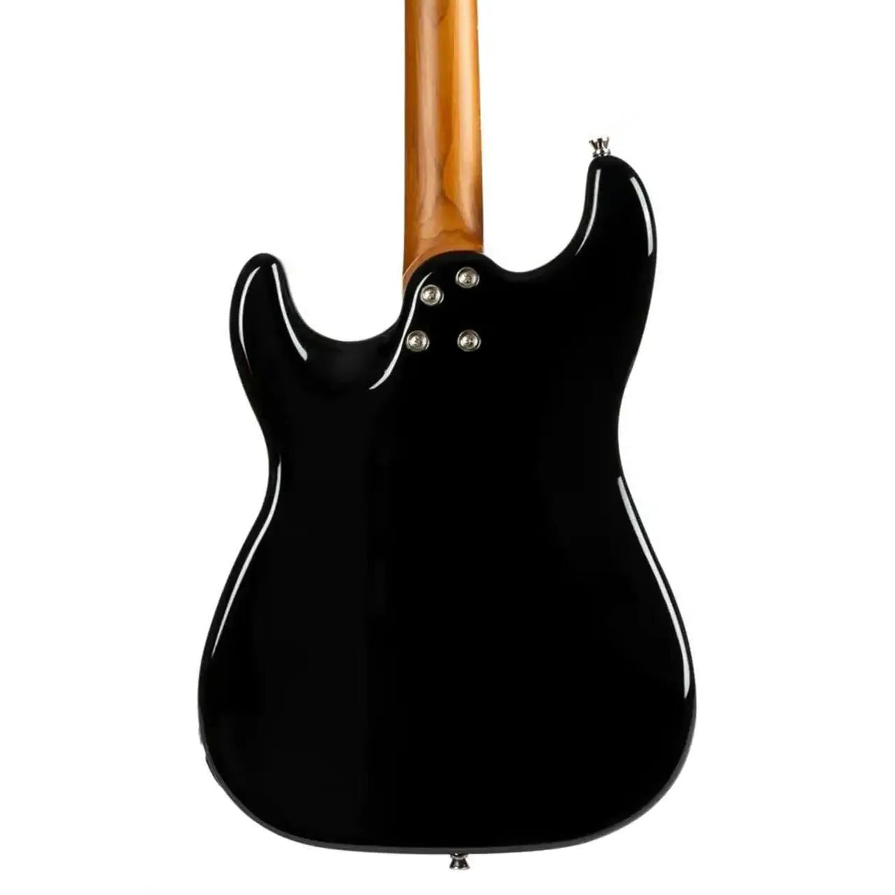 Back of a glossy black Jet JS-400 HT Stratocaster electric guitar with a light wood neck.