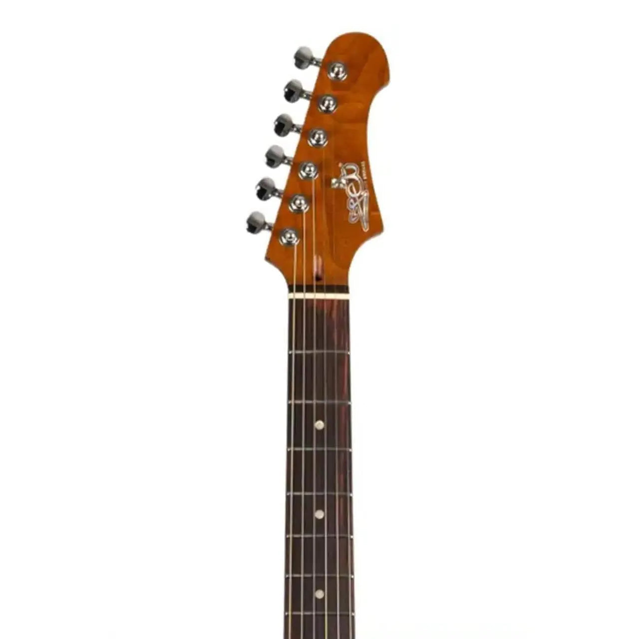 Jet JS-400 HT BK Stratocaster electric guitar headstock with roasted maple neck and rosewood fretboard.