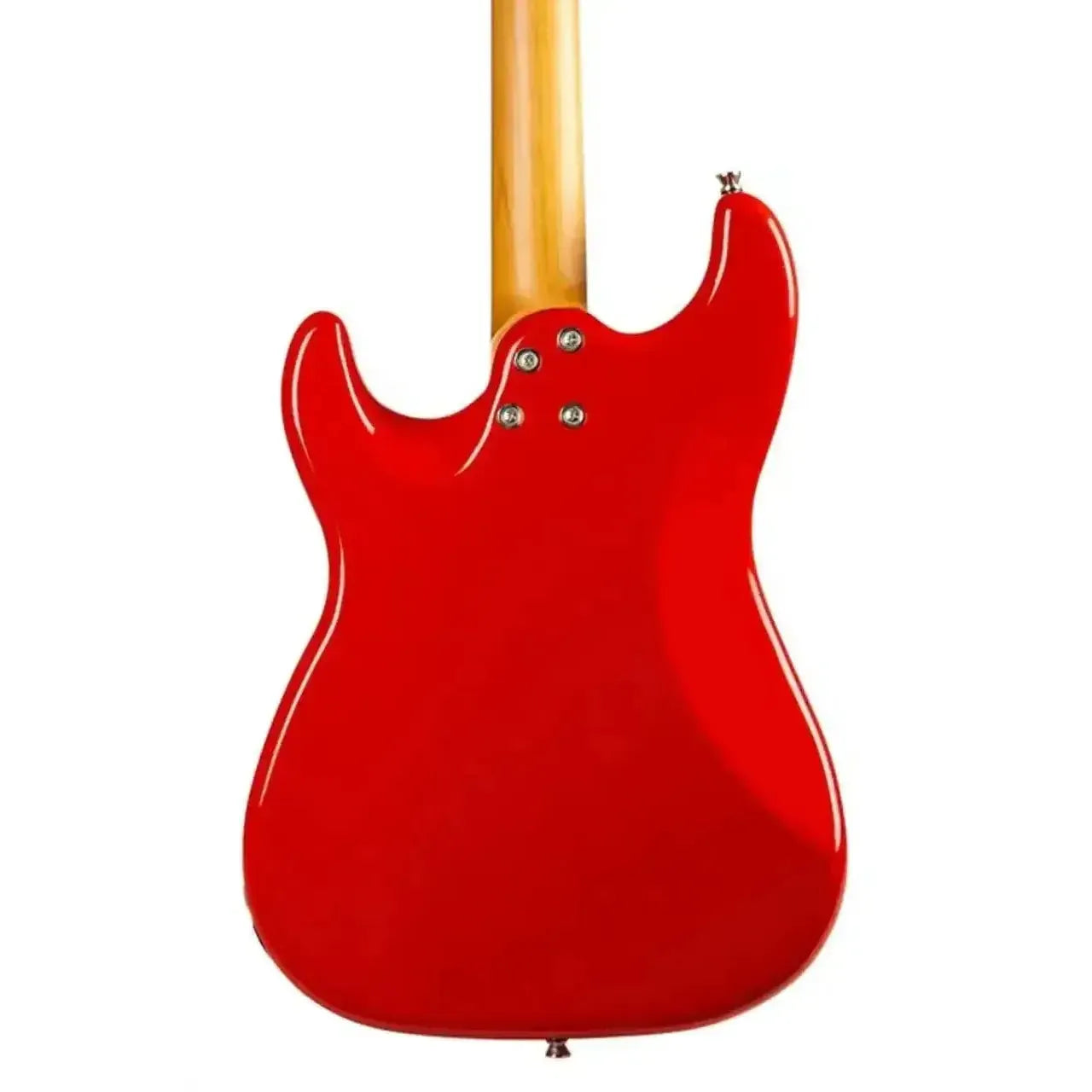 Back of a glossy red Jet JS-400 HT RD Stratocaster electric guitar with a light wood neck.