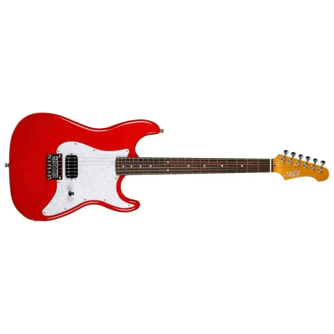 Jet JS-400 HT RD red solid body Stratocaster electric guitar with white pickguard and humbucker.