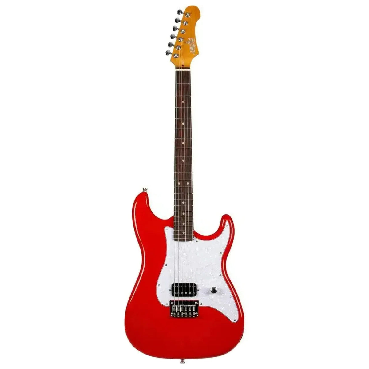 Jet JS-400 HT RD red solid body Stratocaster electric guitar with white pickguard and humbucker.