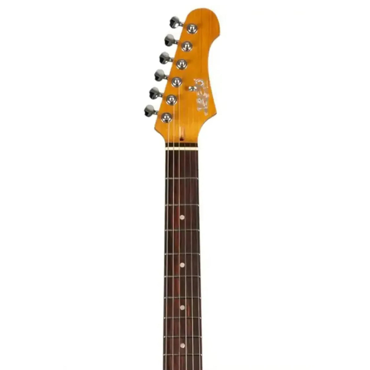 Jet JS-400 HT RD Stratocaster electric guitar headstock with chrome tuners and rosewood fretboard.