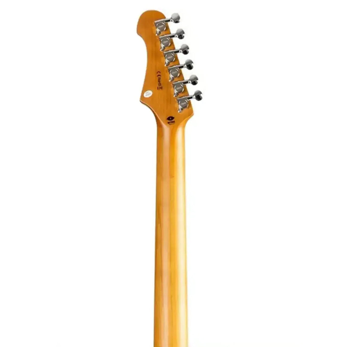 Jet JS-400 HT RD Red Stratocaster electric guitar's roasted maple neck and headstock with chrome tuners.