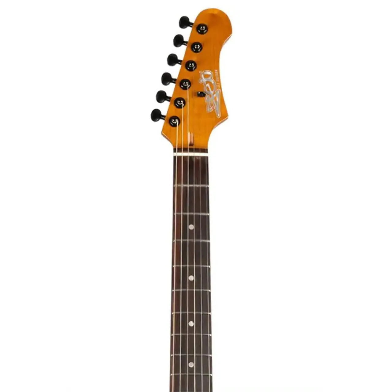 Jet JS-400 electric guitar headstock and fretboard with black tuners and roasted maple neck.