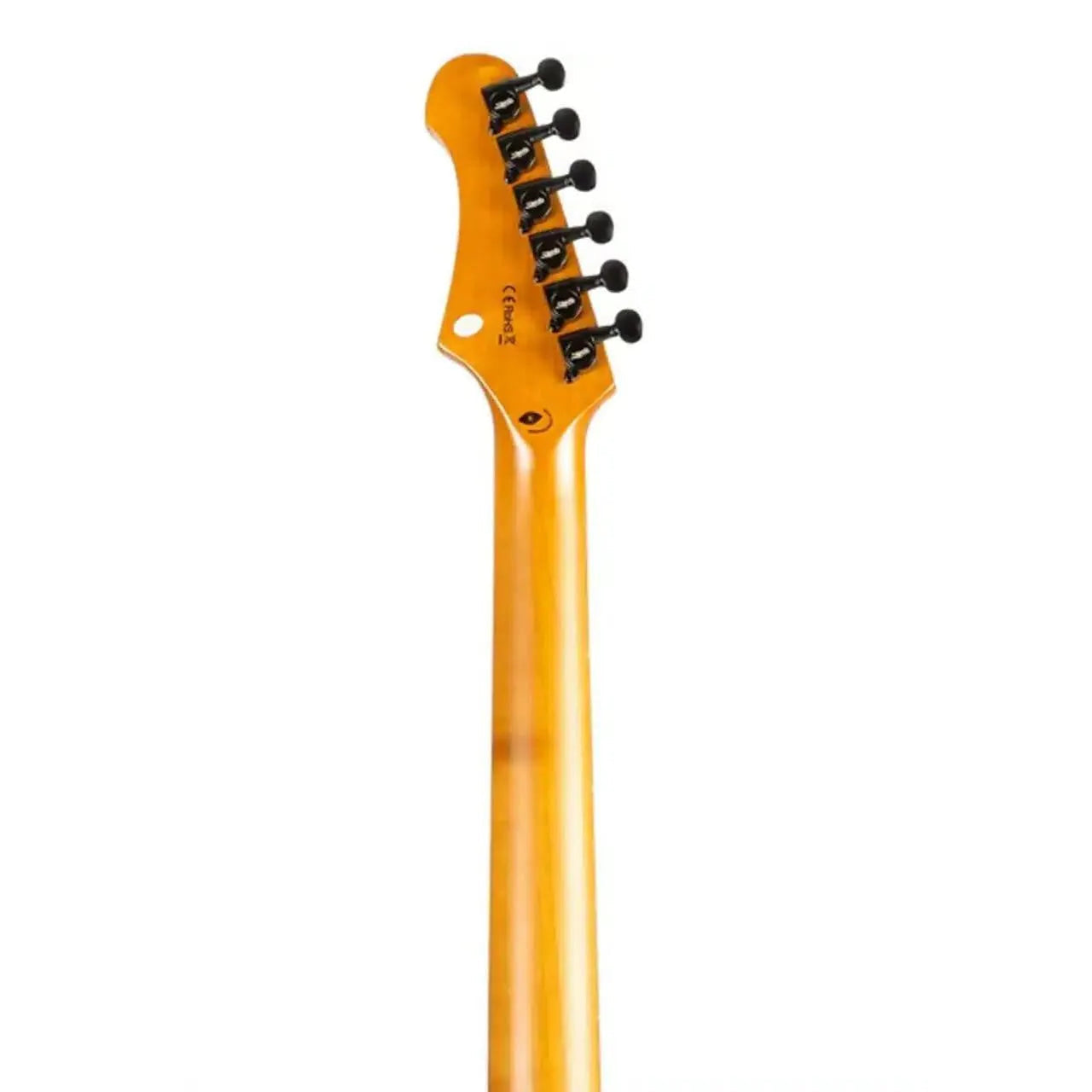 Jet JS-400 electric guitar's roasted maple neck and headstock with black tuners.